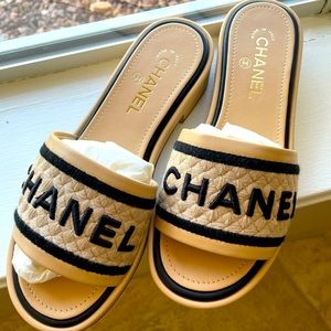 Chanel Beige Knit Together Slides